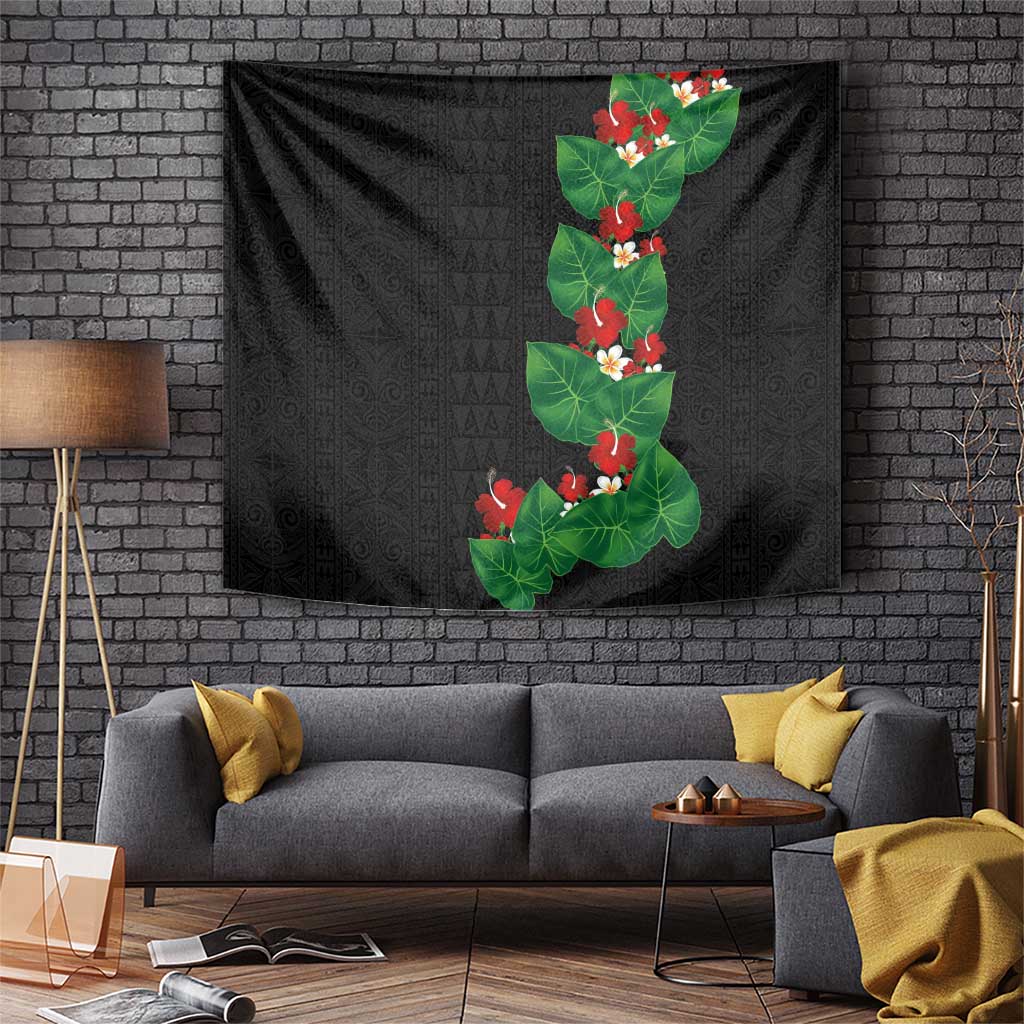 Hawaiian Taro Leaves-Hibiscus and Plumeria Tapestry Polynesian Art-Kakau Tattoo Black