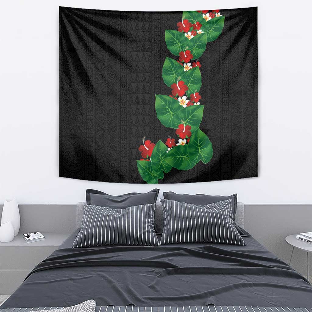 Hawaiian Taro Leaves-Hibiscus and Plumeria Tapestry Polynesian Art-Kakau Tattoo Black
