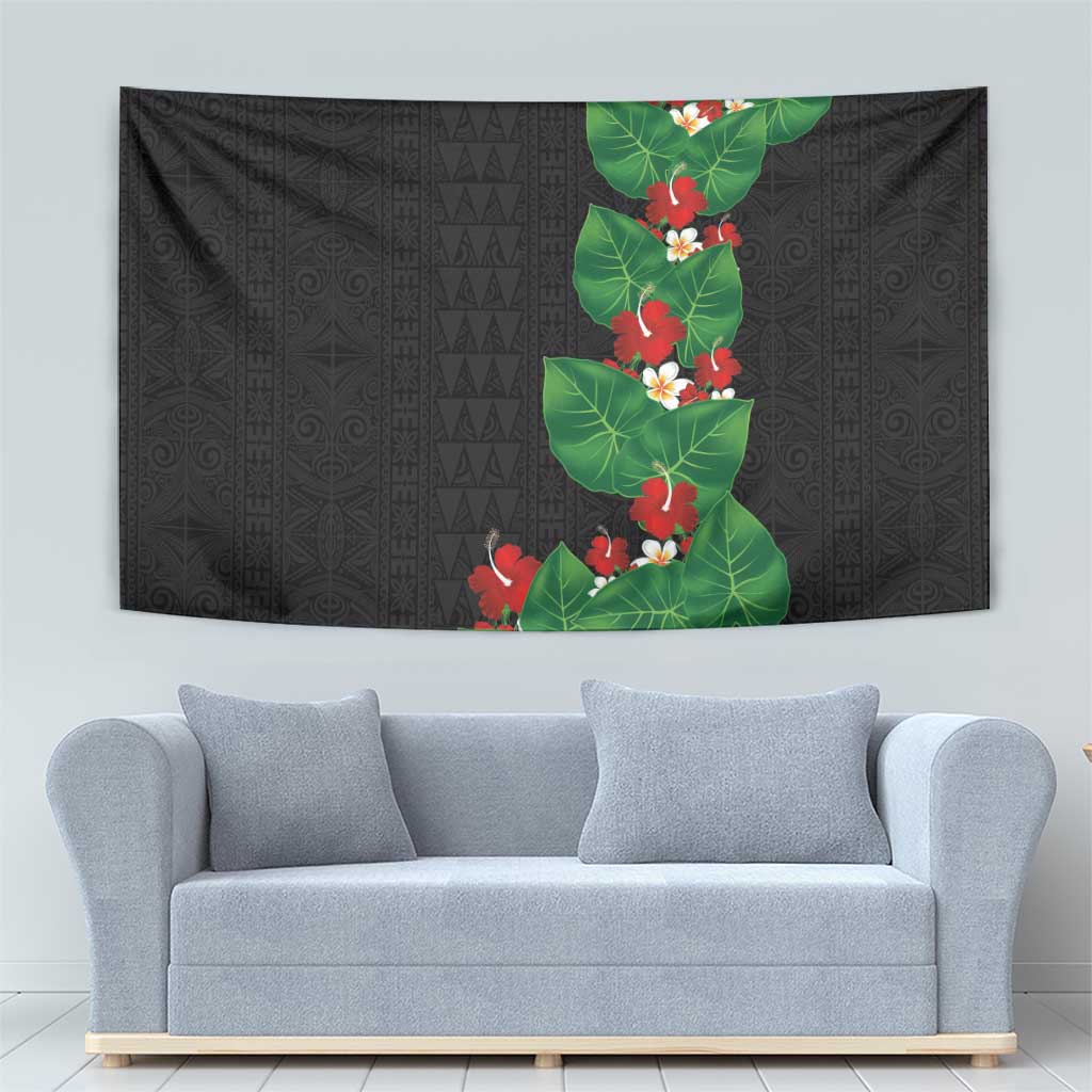 Hawaiian Taro Leaves-Hibiscus and Plumeria Tapestry Polynesian Art-Kakau Tattoo Black