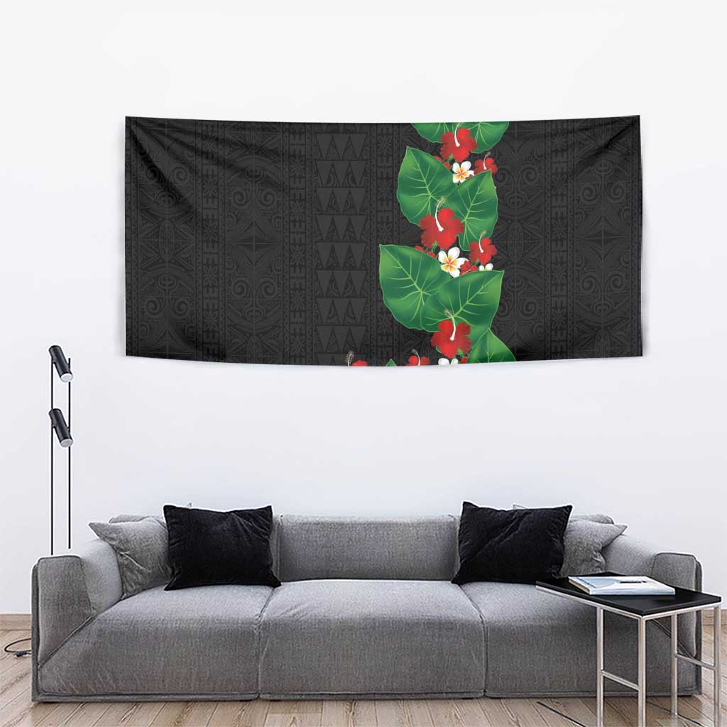 Hawaiian Taro Leaves-Hibiscus and Plumeria Tapestry Polynesian Art-Kakau Tattoo Black