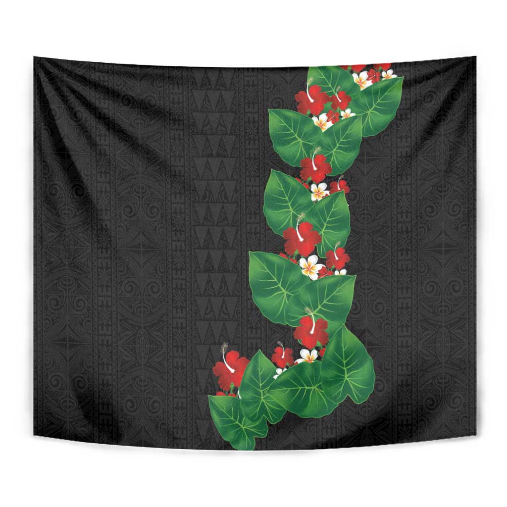 Hawaiian Taro Leaves-Hibiscus and Plumeria Tapestry Polynesian Art-Kakau Tattoo Black