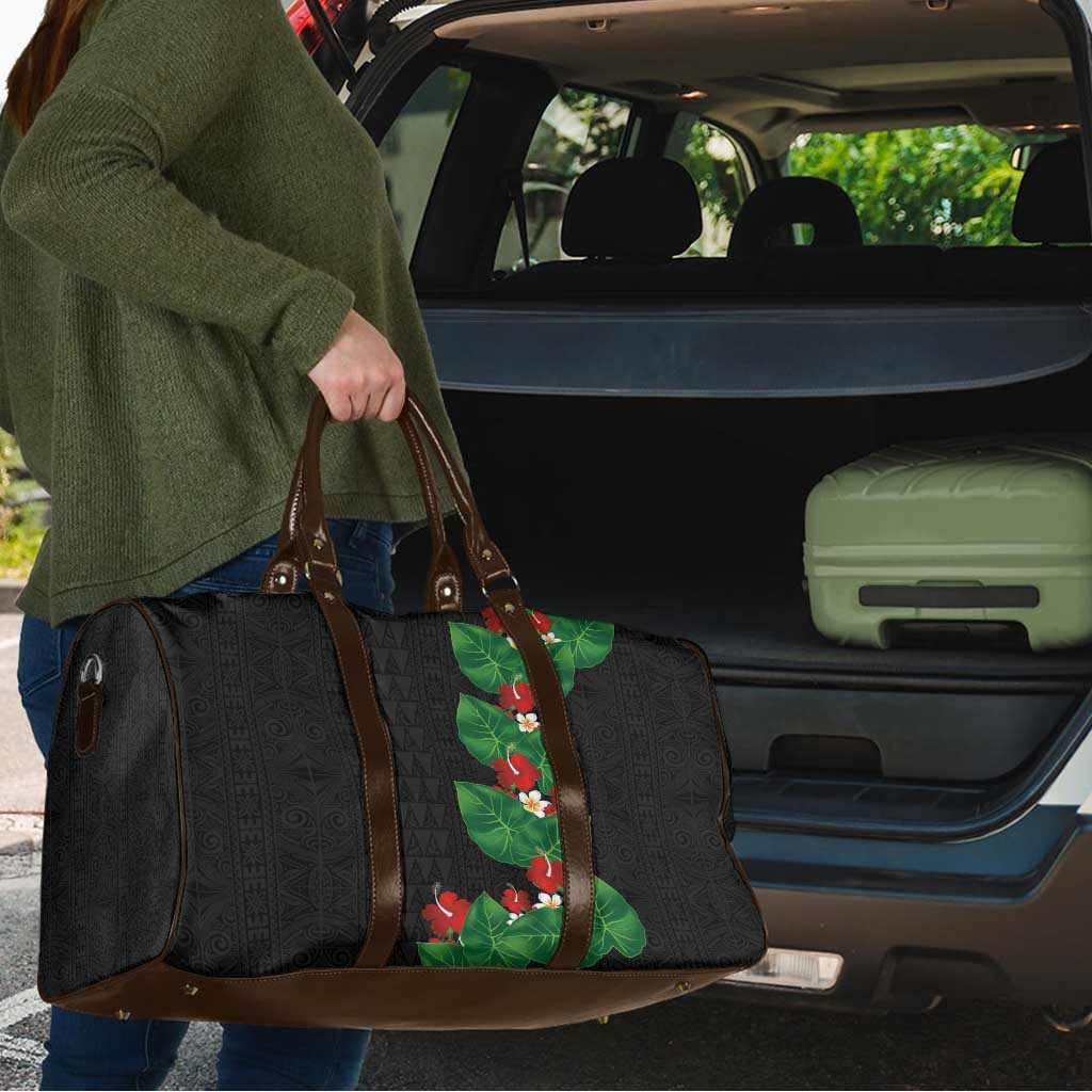 Hawaiian Taro Leaves-Hibiscus and Plumeria Travel Bag Polynesian Art-Kakau Tattoo Black