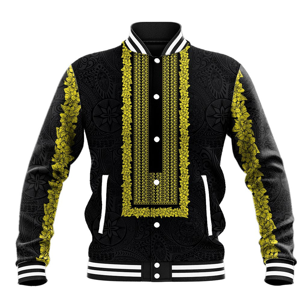 Philippines Polynesian Jasmine Pattern Baseball Jacket With Barong Tagalog Black Style LT03 Unisex Black - Polynesian Pride