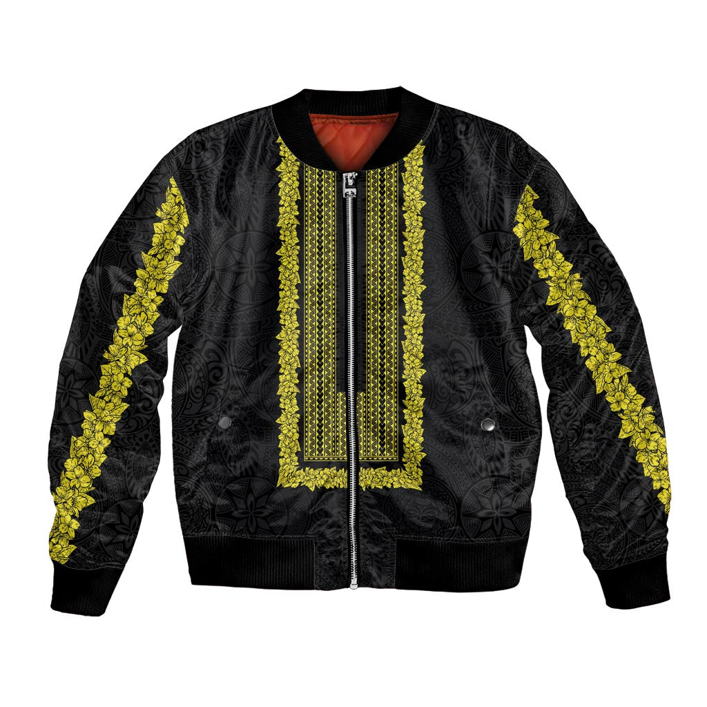 Philippines Polynesian Jasmine Pattern Bomber Jacket With Barong Tagalog Black Style LT03 Unisex Black - Polynesian Pride