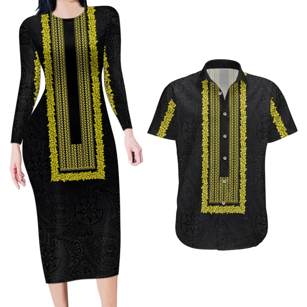 Philippines Polynesian Jasmine Pattern Couples Matching Long Sleeve Bodycon Dress and Hawaiian Shirt With Barong Tagalog Black Style LT03 Black - Polynesian Pride