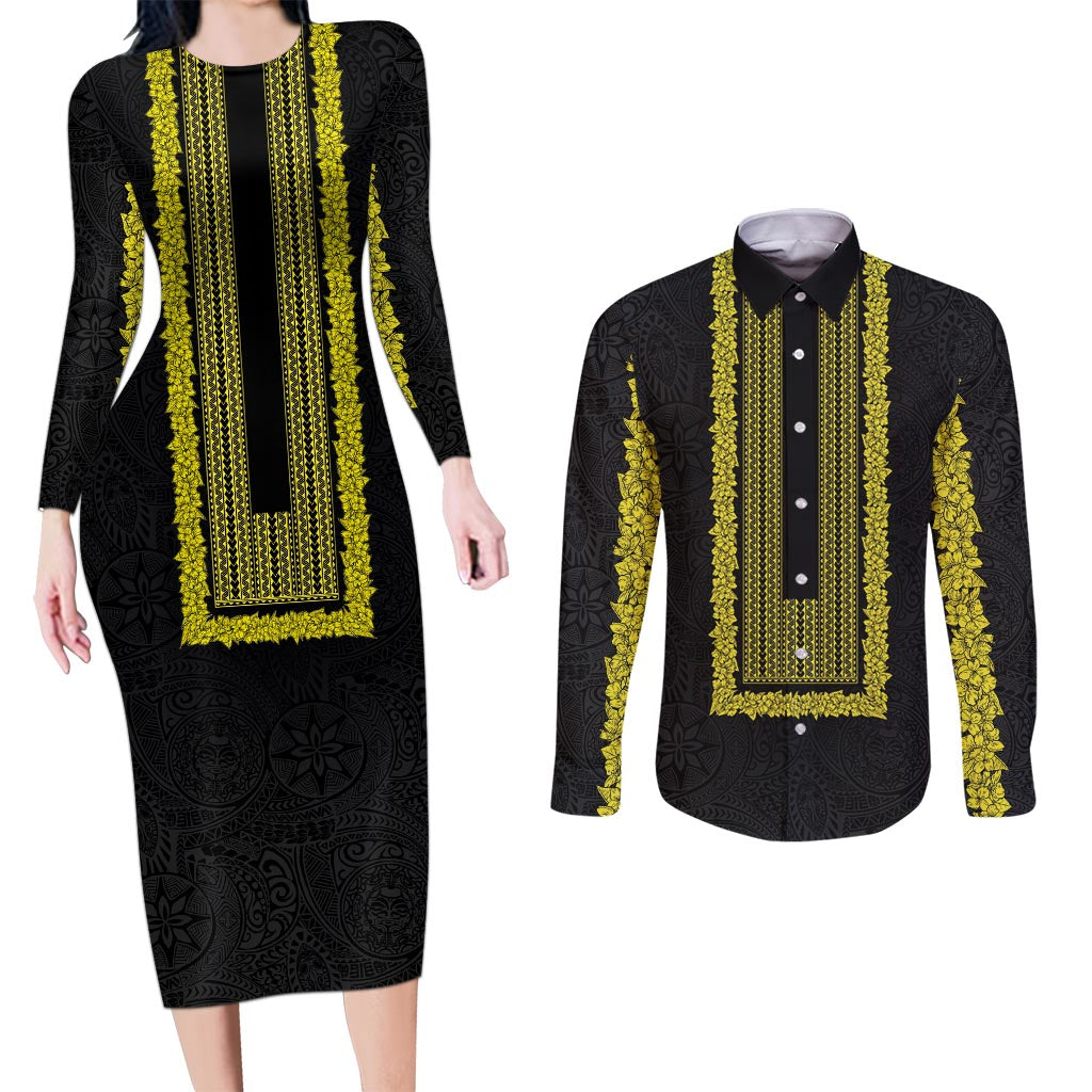 Philippines Polynesian Jasmine Pattern Couples Matching Long Sleeve Bodycon Dress and Long Sleeve Button Shirt With Barong Tagalog Black Style LT03 Black - Polynesian Pride