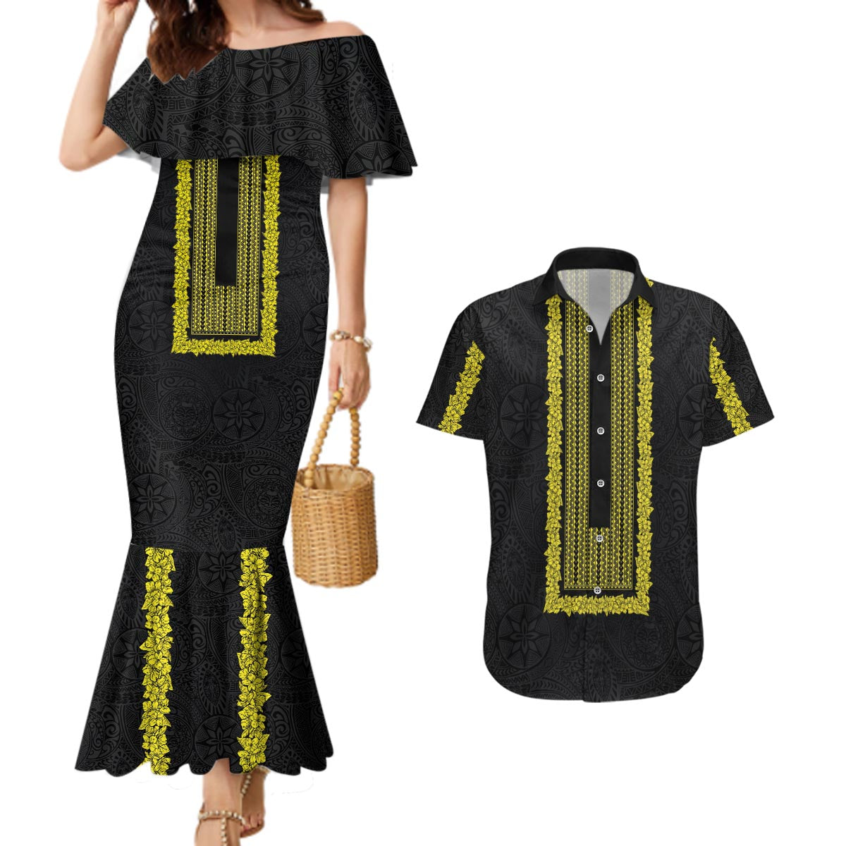 Philippines Polynesian Jasmine Pattern Couples Matching Mermaid Dress and Hawaiian Shirt With Barong Tagalog Black Style LT03 Black - Polynesian Pride