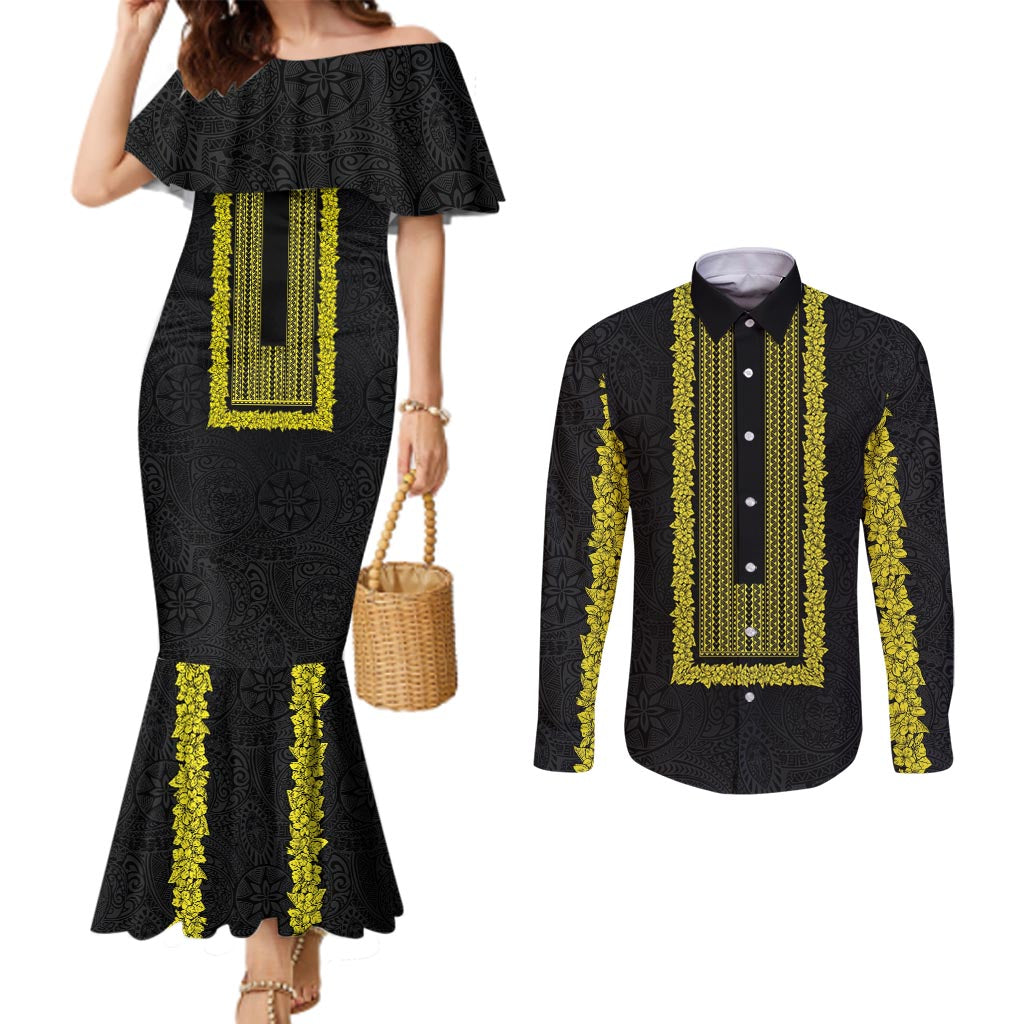 Philippines Polynesian Jasmine Pattern Couples Matching Mermaid Dress and Long Sleeve Button Shirt With Barong Tagalog Black Style LT03 Black - Polynesian Pride