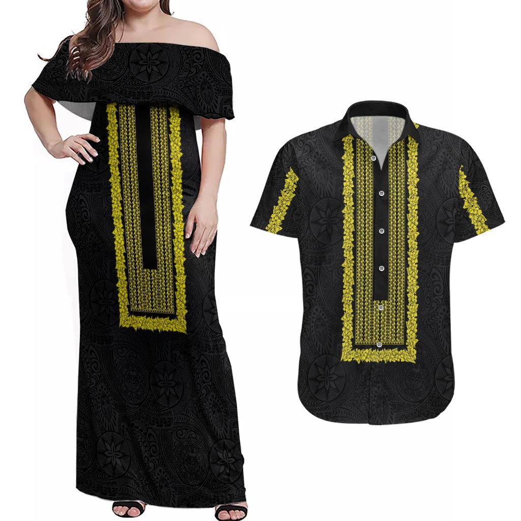 Philippines Polynesian Jasmine Pattern Couples Matching Off Shoulder Maxi Dress and Hawaiian Shirt With Barong Tagalog Black Style LT03 Black - Polynesian Pride