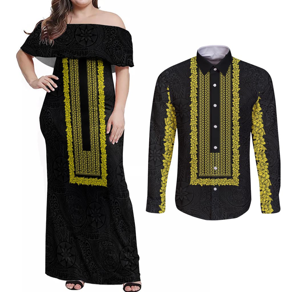 Philippines Polynesian Jasmine Pattern Couples Matching Off Shoulder Maxi Dress and Long Sleeve Button Shirt With Barong Tagalog Black Style LT03 Black - Polynesian Pride