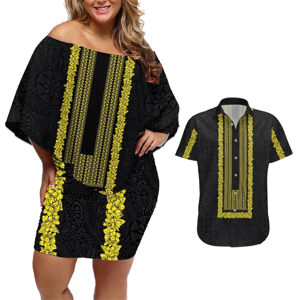 Philippines Polynesian Jasmine Pattern Couples Matching Off Shoulder Short Dress and Hawaiian Shirt With Barong Tagalog Black Style LT03 Black - Polynesian Pride