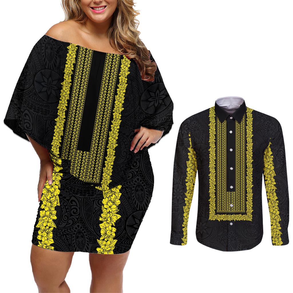 Philippines Polynesian Jasmine Pattern Couples Matching Off Shoulder Short Dress and Long Sleeve Button Shirt With Barong Tagalog Black Style LT03 Black - Polynesian Pride