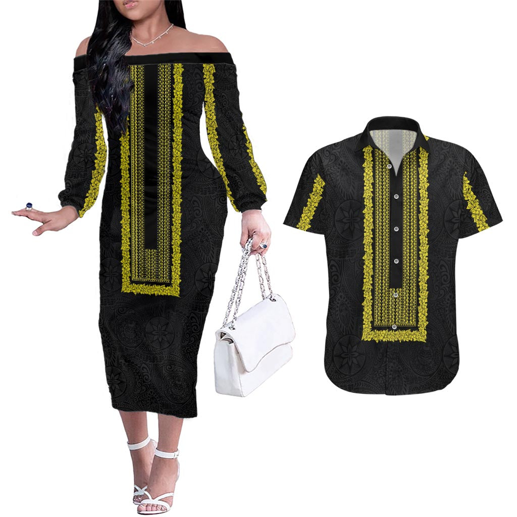 Philippines Polynesian Jasmine Pattern Couples Matching Off The Shoulder Long Sleeve Dress and Hawaiian Shirt With Barong Tagalog Black Style LT03 Black - Polynesian Pride