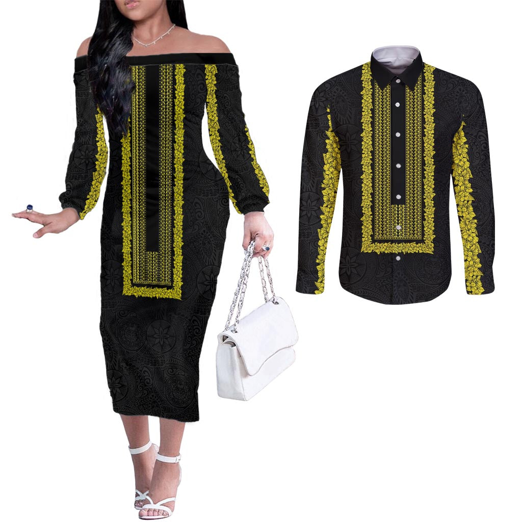 Philippines Polynesian Jasmine Pattern Couples Matching Off The Shoulder Long Sleeve Dress and Long Sleeve Button Shirt With Barong Tagalog Black Style LT03 Black - Polynesian Pride