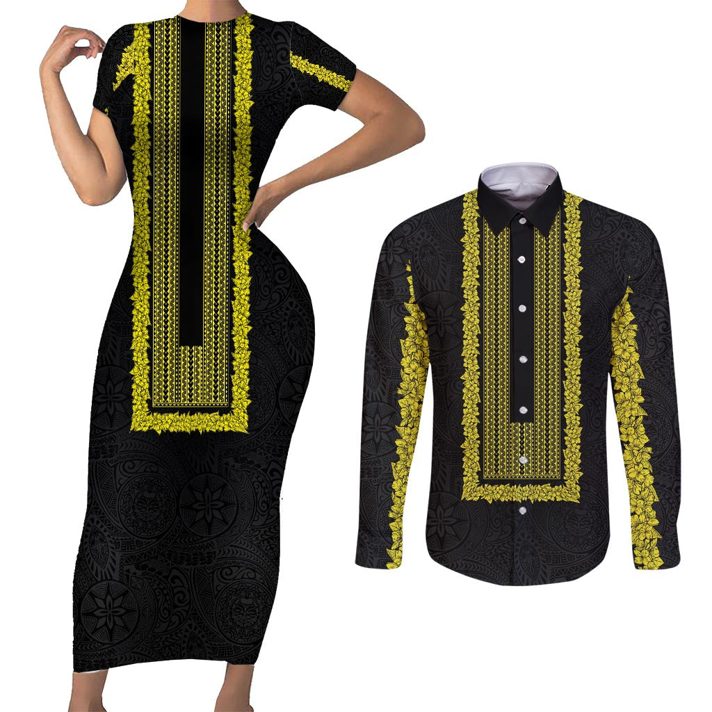 Philippines Polynesian Jasmine Pattern Couples Matching Short Sleeve Bodycon Dress and Long Sleeve Button Shirt With Barong Tagalog Black Style LT03 Black - Polynesian Pride