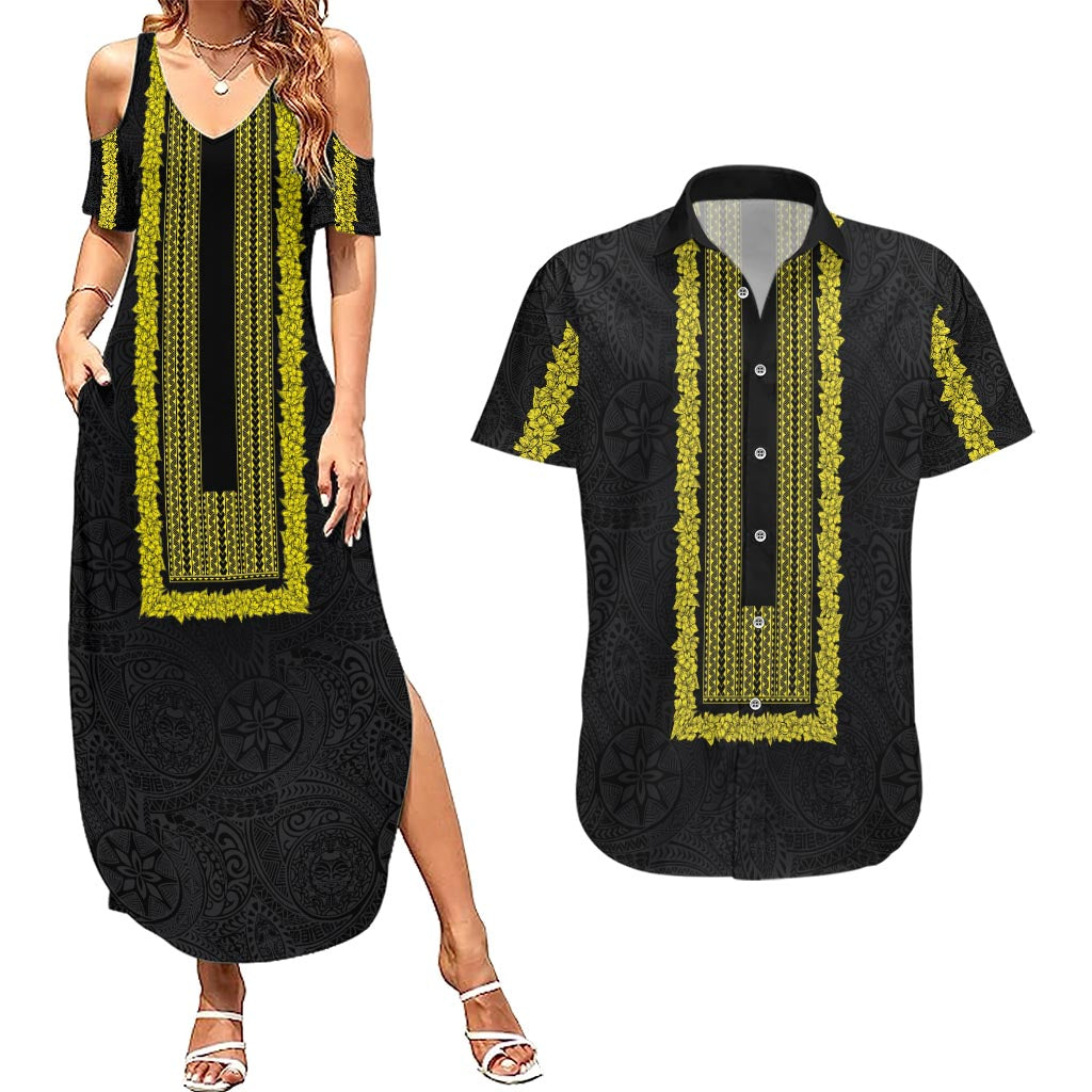 Philippines Polynesian Jasmine Pattern Couples Matching Summer Maxi Dress and Hawaiian Shirt With Barong Tagalog Black Style LT03 Black - Polynesian Pride