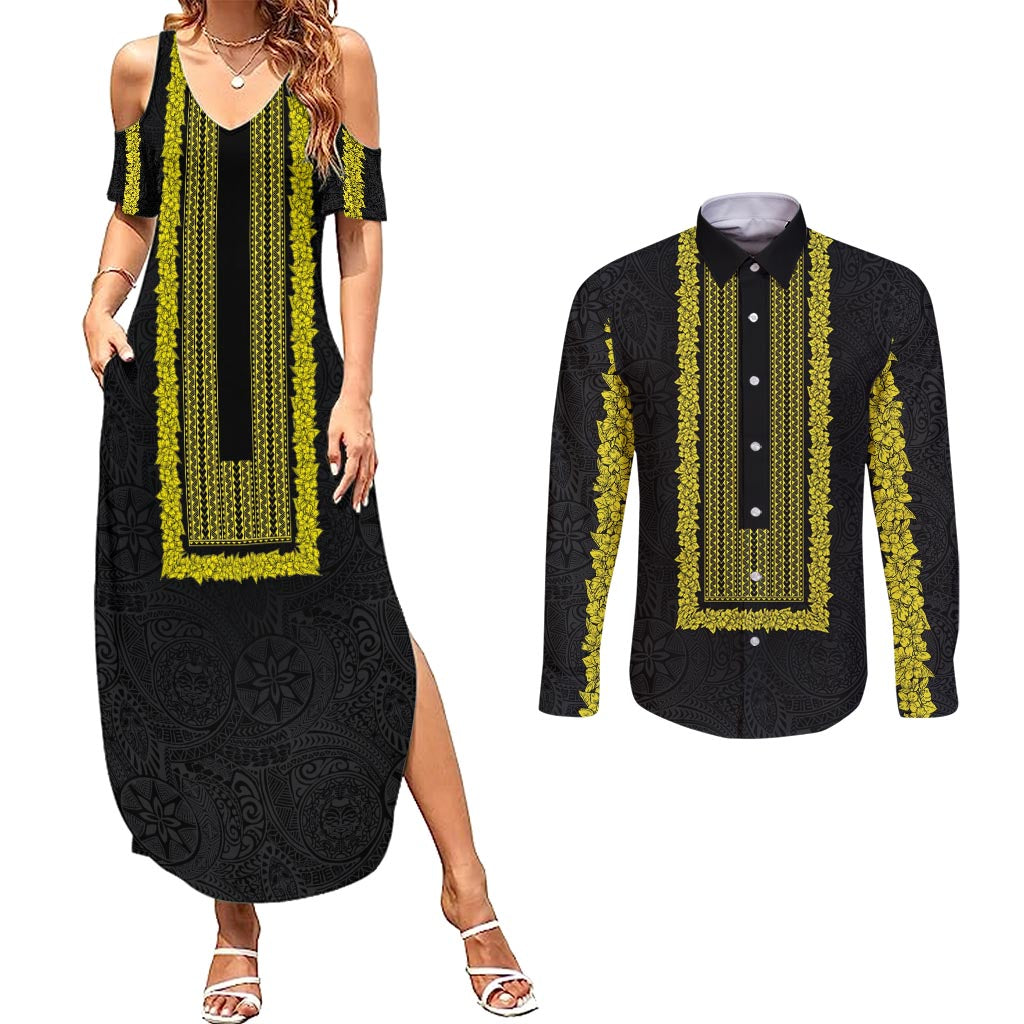 Philippines Polynesian Jasmine Pattern Couples Matching Summer Maxi Dress and Long Sleeve Button Shirt With Barong Tagalog Black Style LT03 Black - Polynesian Pride