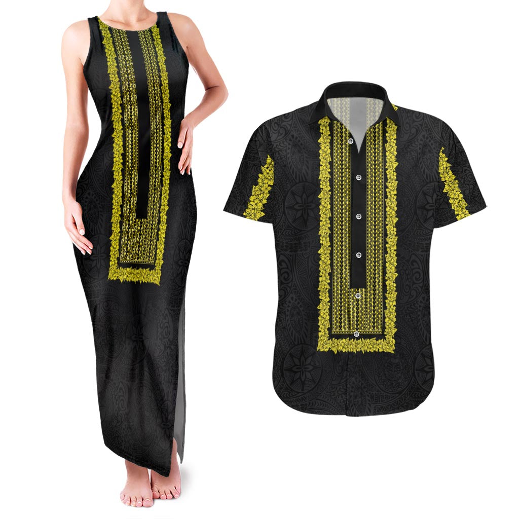 Philippines Polynesian Jasmine Pattern Couples Matching Tank Maxi Dress and Hawaiian Shirt With Barong Tagalog Black Style LT03 Black - Polynesian Pride