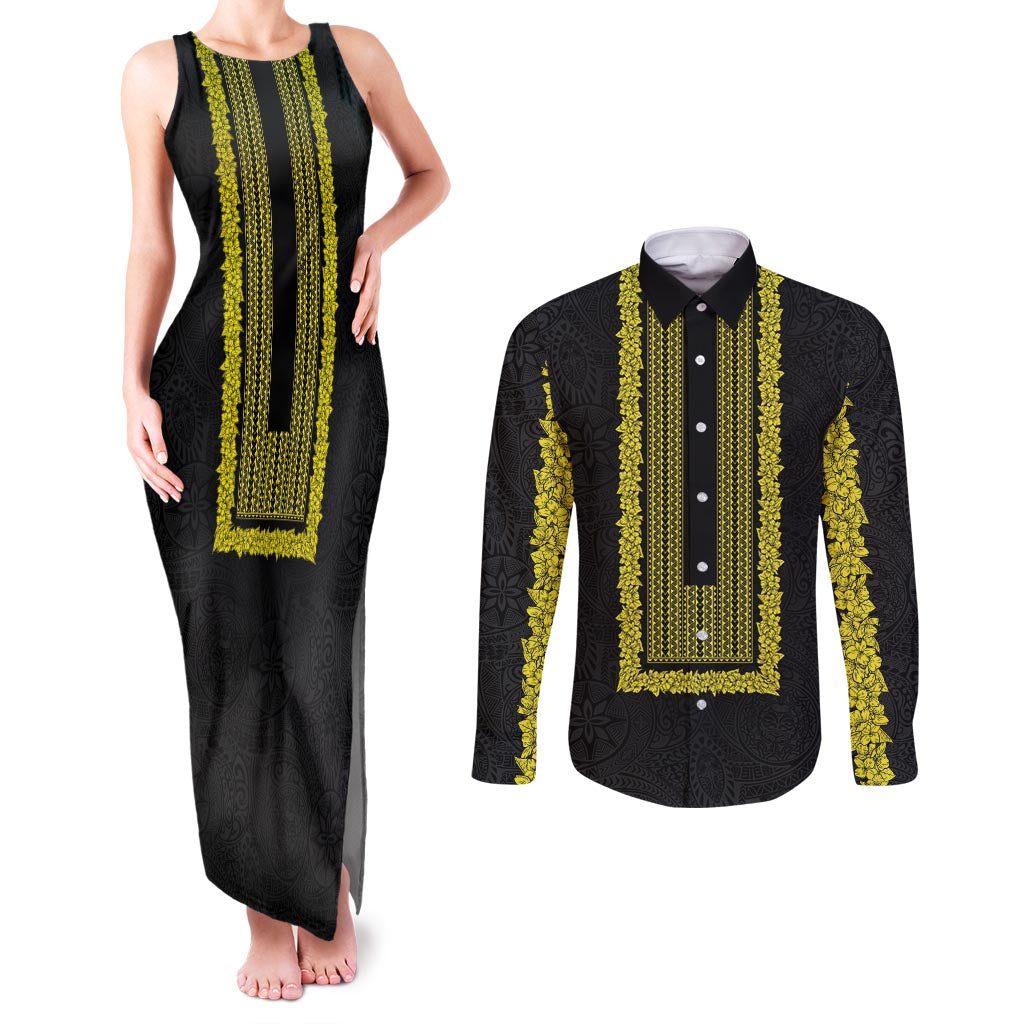 Philippines Polynesian Jasmine Pattern Couples Matching Tank Maxi Dress and Long Sleeve Button Shirt With Barong Tagalog Black Style LT03 Black - Polynesian Pride