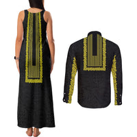 Philippines Polynesian Jasmine Pattern Couples Matching Tank Maxi Dress and Long Sleeve Button Shirt With Barong Tagalog Black Style