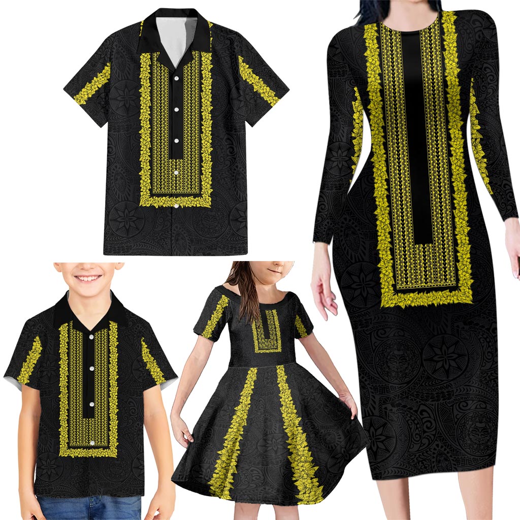 Philippines Polynesian Jasmine Pattern Family Matching Long Sleeve Bodycon Dress and Hawaiian Shirt With Barong Tagalog Black Style LT03 - Polynesian Pride