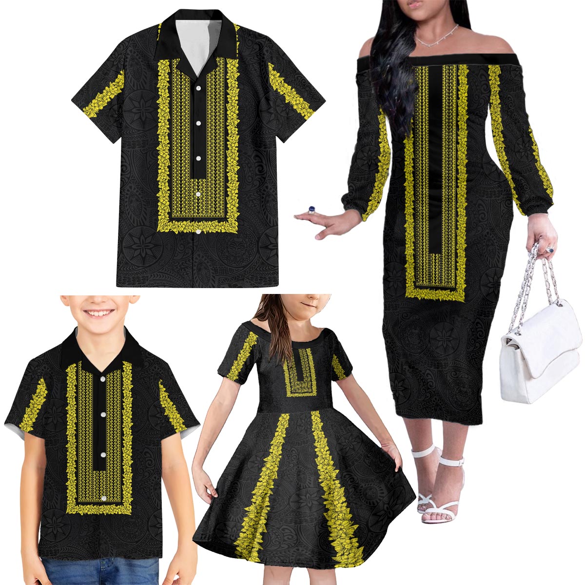 Philippines Polynesian Jasmine Pattern Family Matching Off The Shoulder Long Sleeve Dress and Hawaiian Shirt With Barong Tagalog Black Style LT03 - Polynesian Pride