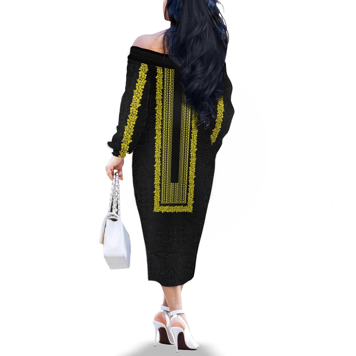 Philippines Polynesian Jasmine Pattern Family Matching Off The Shoulder Long Sleeve Dress and Hawaiian Shirt With Barong Tagalog Black Style