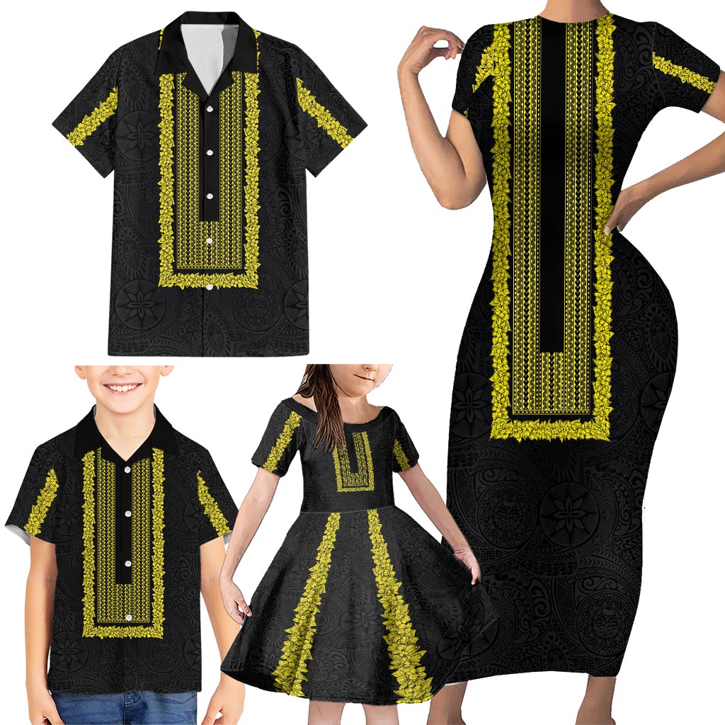 Philippines Polynesian Jasmine Pattern Family Matching Short Sleeve Bodycon Dress and Hawaiian Shirt With Barong Tagalog Black Style LT03 - Polynesian Pride