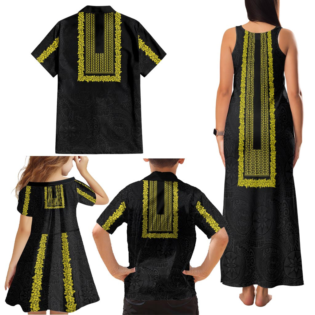 Philippines Polynesian Jasmine Pattern Family Matching Tank Maxi Dress and Hawaiian Shirt With Barong Tagalog Black Style