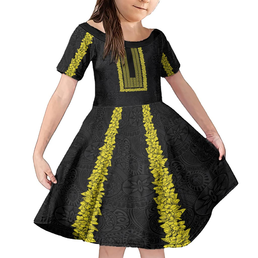 Philippines Polynesian Jasmine Pattern Kid Short Sleeve Dress With Barong Tagalog Black Style