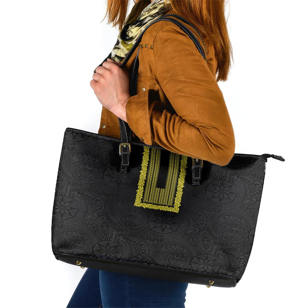 Philippines Polynesian Jasmine Pattern Leather Tote Bag With Barong Tagalog Black Style LT03 Black - Polynesian Pride