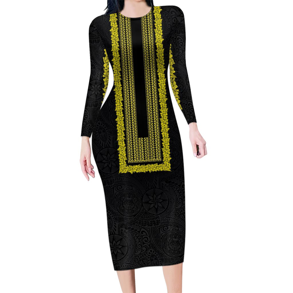 Philippines Polynesian Jasmine Pattern Long Sleeve Bodycon Dress With Barong Tagalog Black Style LT03 Long Dress Black - Polynesian Pride