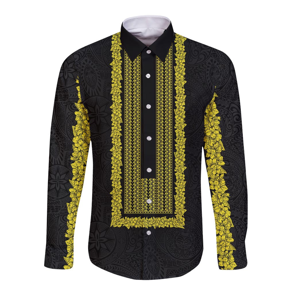 Philippines Polynesian Jasmine Pattern Long Sleeve Button Shirt With Barong Tagalog Black Style LT03 Unisex Black - Polynesian Pride
