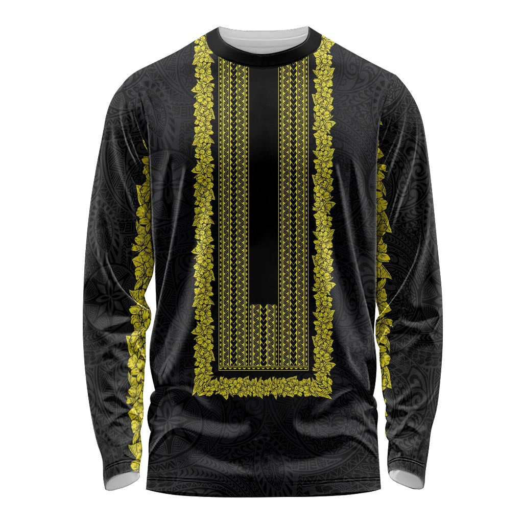 Philippines Polynesian Jasmine Pattern Long Sleeve Shirt With Barong Tagalog Black Style LT03 Unisex Black - Polynesian Pride