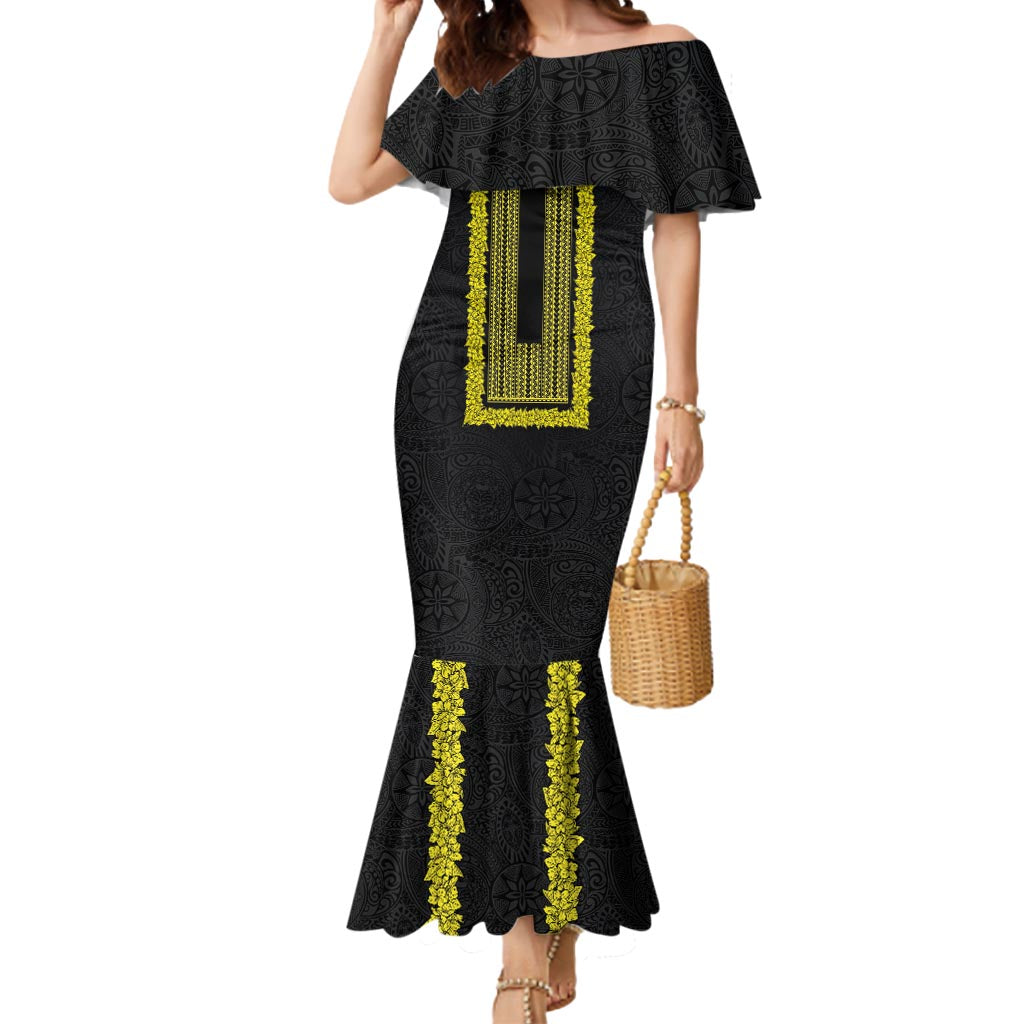 Philippines Polynesian Jasmine Pattern Mermaid Dress With Barong Tagalog Black Style LT03 Women Black - Polynesian Pride