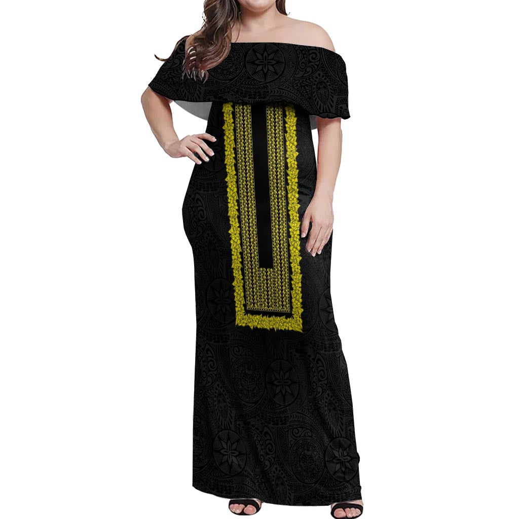 Philippines Polynesian Jasmine Pattern Off Shoulder Maxi Dress With Barong Tagalog Black Style LT03 Women Black - Polynesian Pride