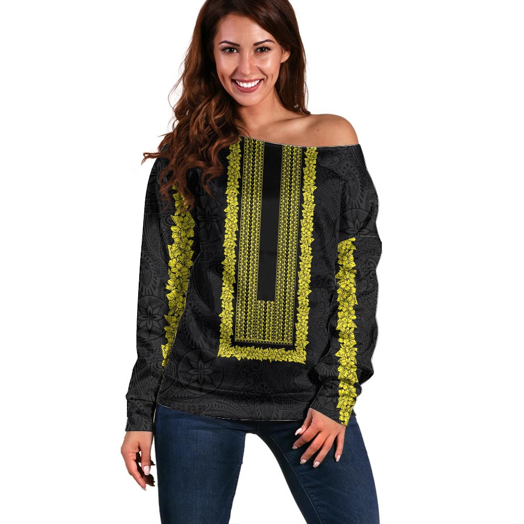 Philippines Polynesian Jasmine Pattern Off Shoulder Sweater With Barong Tagalog Black Style LT03 Women Black - Polynesian Pride