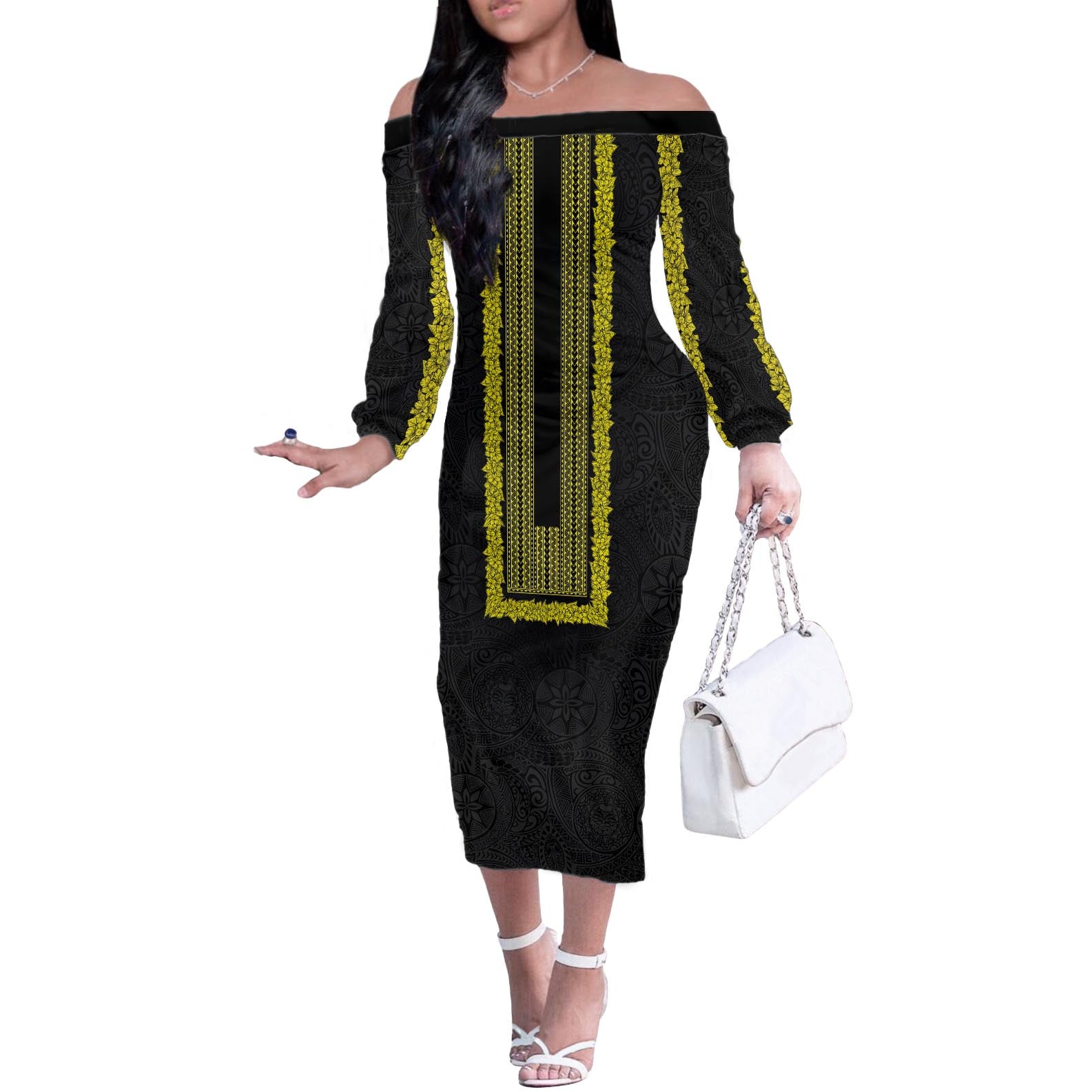 Philippines Polynesian Jasmine Pattern Off The Shoulder Long Sleeve Dress With Barong Tagalog Black Style LT03 Women Black - Polynesian Pride