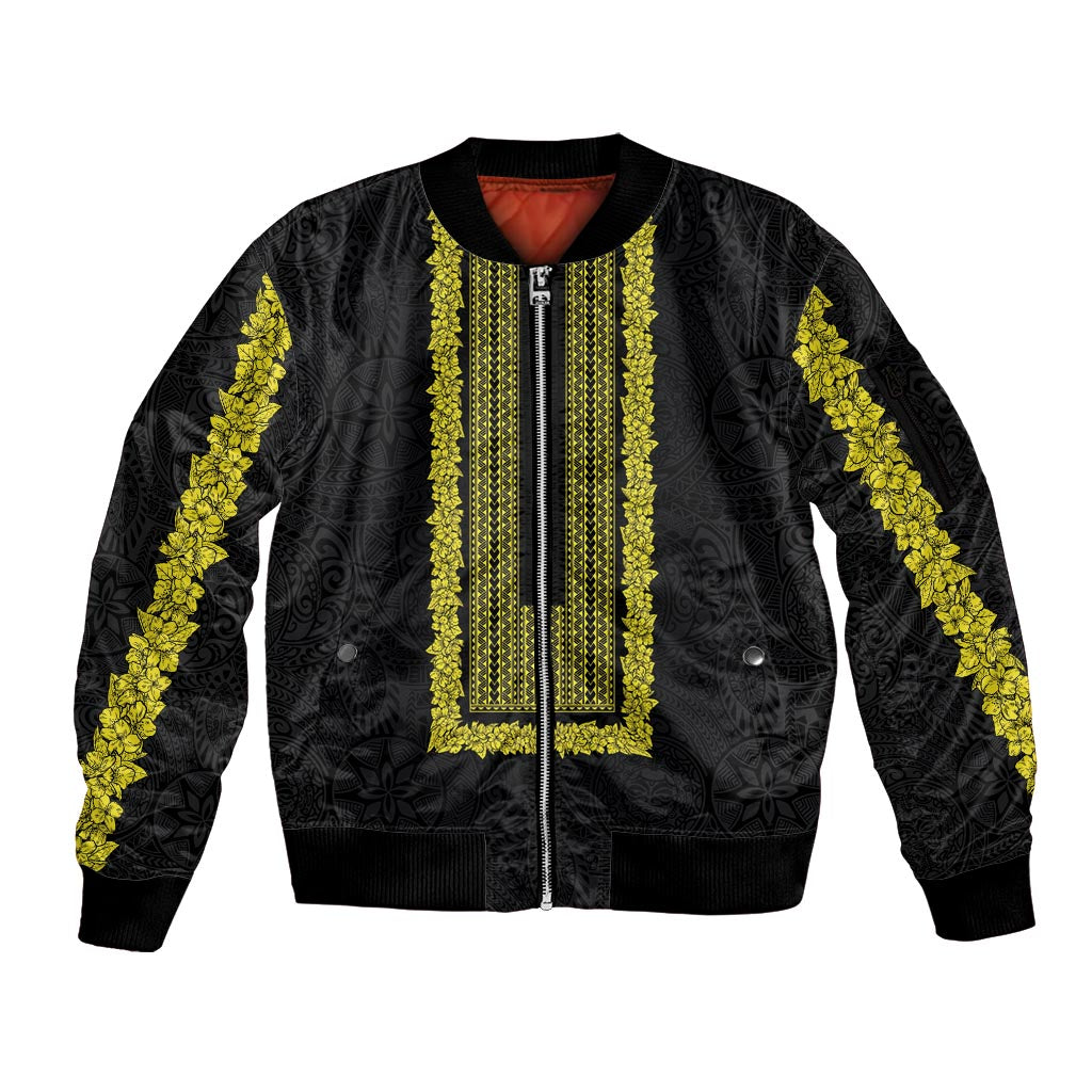 Philippines Polynesian Jasmine Pattern Sleeve Zip Bomber Jacket With Barong Tagalog Black Style