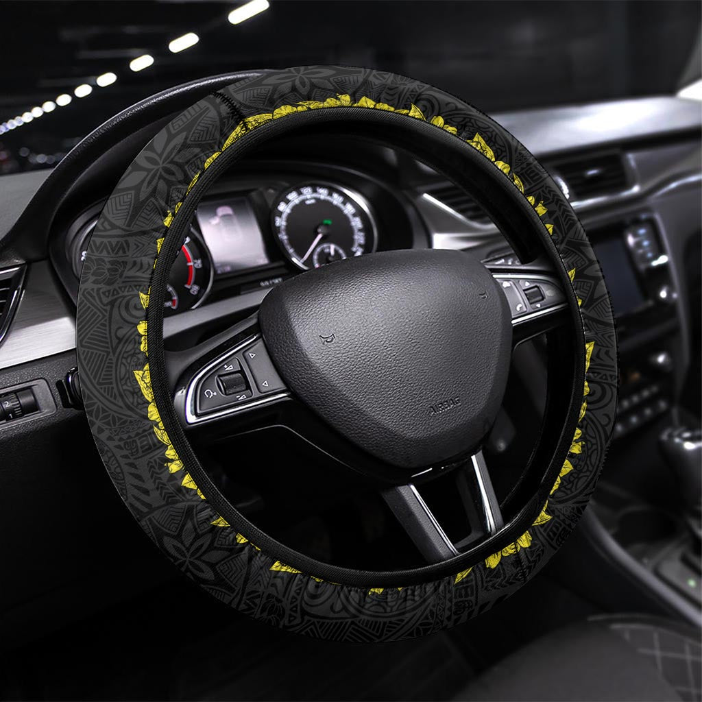 Philippines Polynesian Jasmine Pattern Steering Wheel Cover With Barong Tagalog Black Style LT03 Universal Fit Black - Polynesian Pride