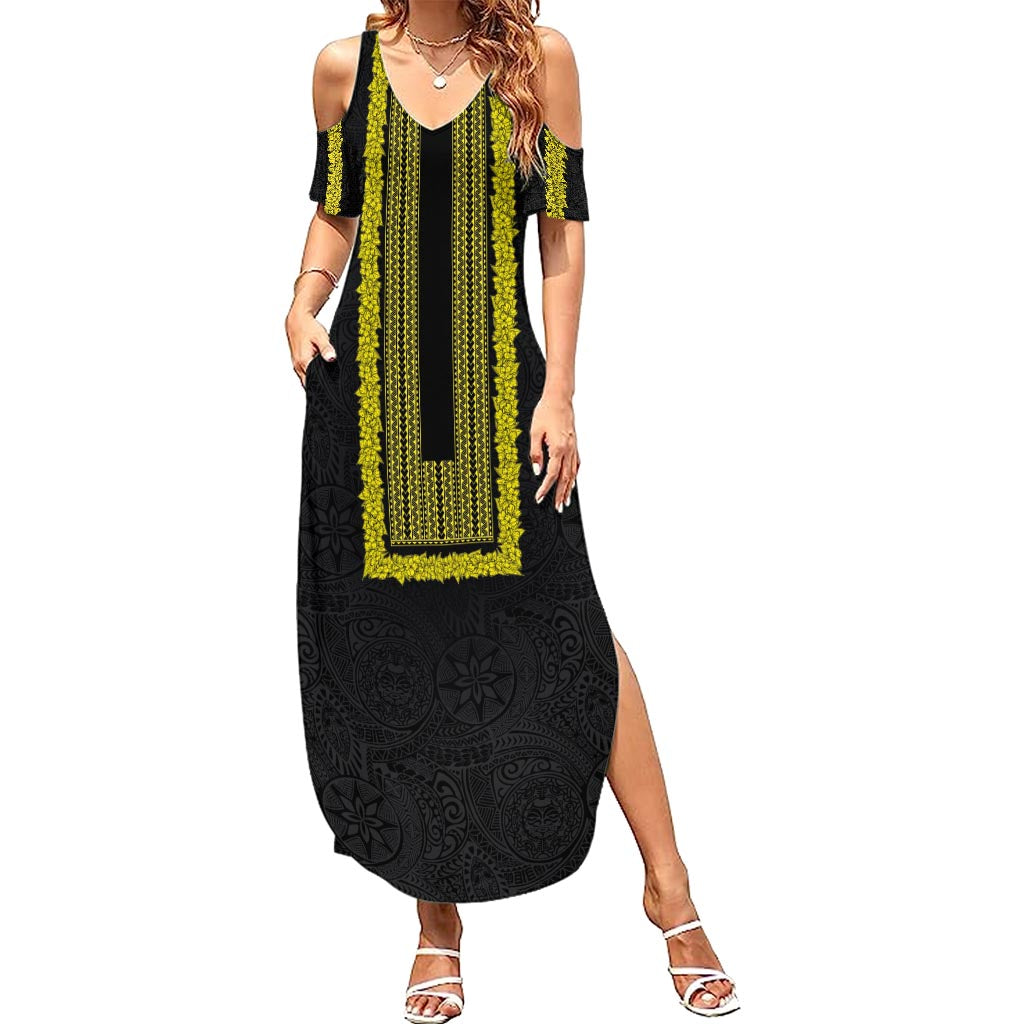 Philippines Polynesian Jasmine Pattern Summer Maxi Dress With Barong Tagalog Black Style LT03 Women Black - Polynesian Pride