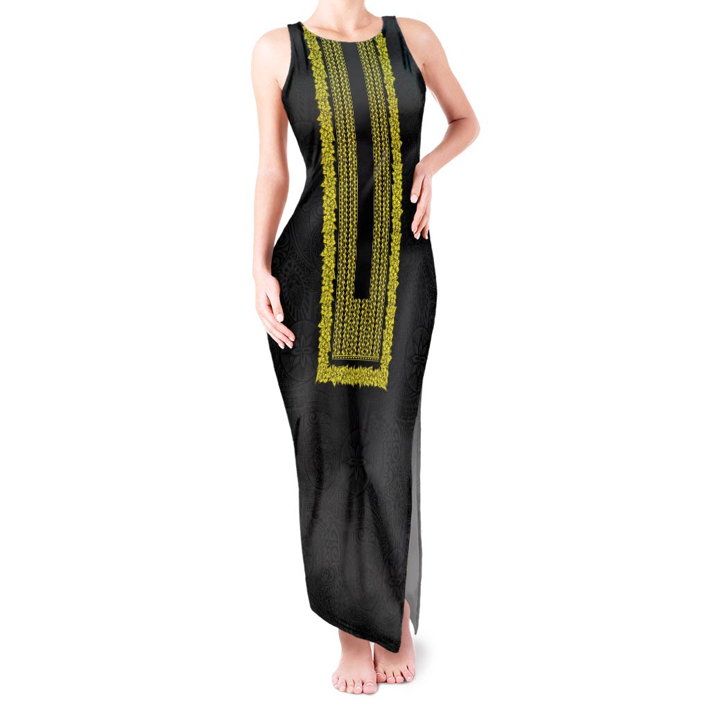 Philippines Polynesian Jasmine Pattern Tank Maxi Dress With Barong Tagalog Black Style LT03 Women Black - Polynesian Pride