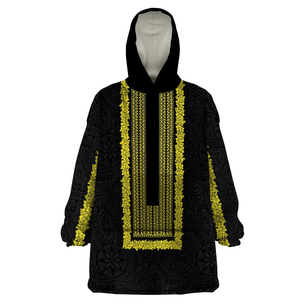 Philippines Polynesian Jasmine Pattern Wearable Blanket Hoodie With Barong Tagalog Black Style LT03 One Size Black - Polynesian Pride