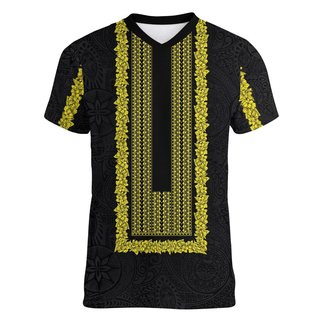 Philippines Polynesian Jasmine Pattern Women V-Neck T-Shirt With Barong Tagalog Black Style LT03 Female Black - Polynesian Pride