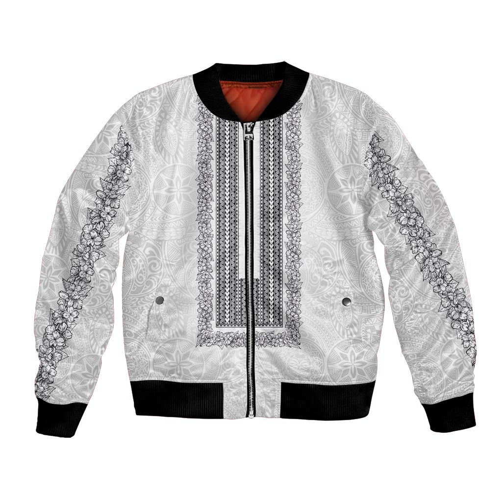 Philippines Polynesian Jasmine Pattern Bomber Jacket With Barong Tagalog White Style LT03 Unisex White - Polynesian Pride