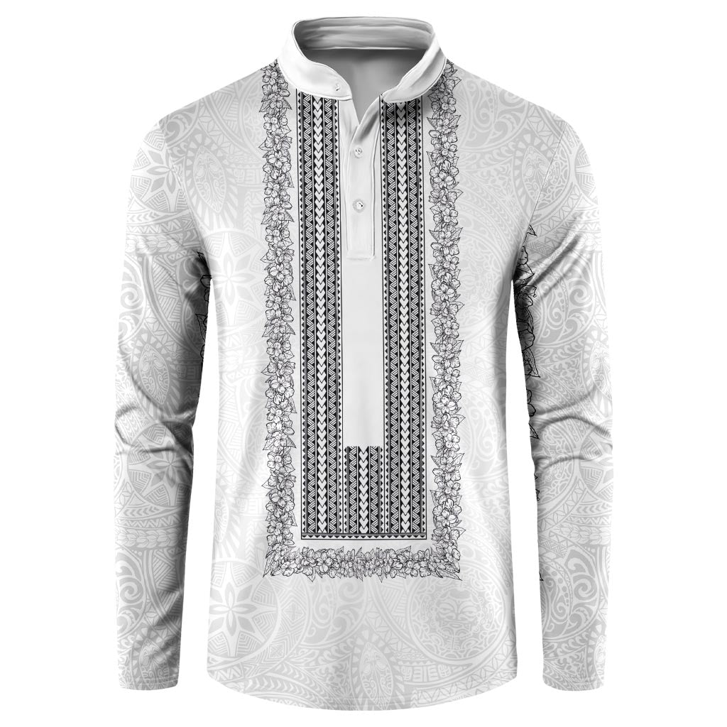 Philippines Polynesian Jasmine Pattern Button Sweatshirt With Barong Tagalog White Style LT03 White - Polynesian Pride