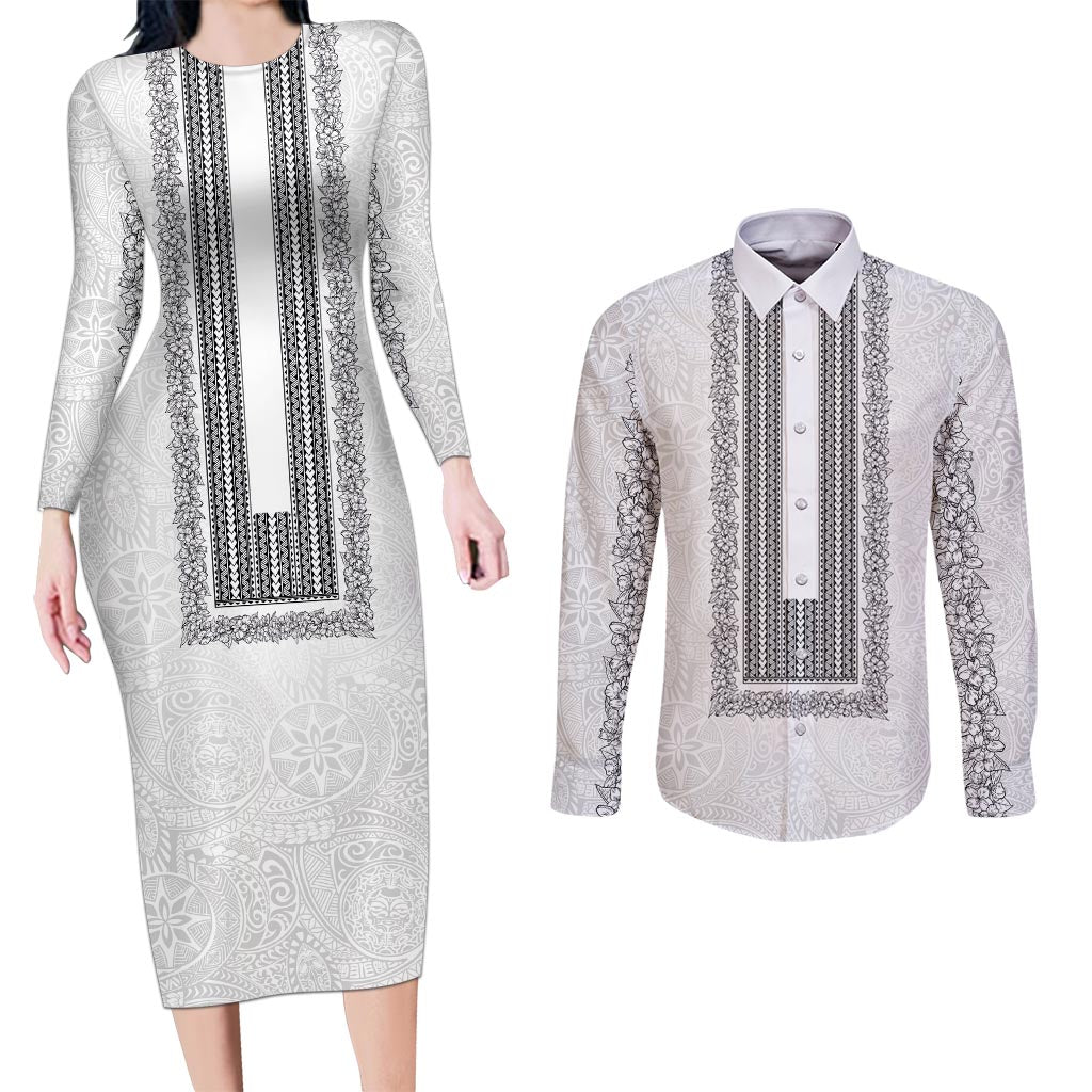 Philippines Polynesian Jasmine Pattern Couples Matching Long Sleeve Bodycon Dress and Long Sleeve Button Shirt With Barong Tagalog White Style LT03 White - Polynesian Pride