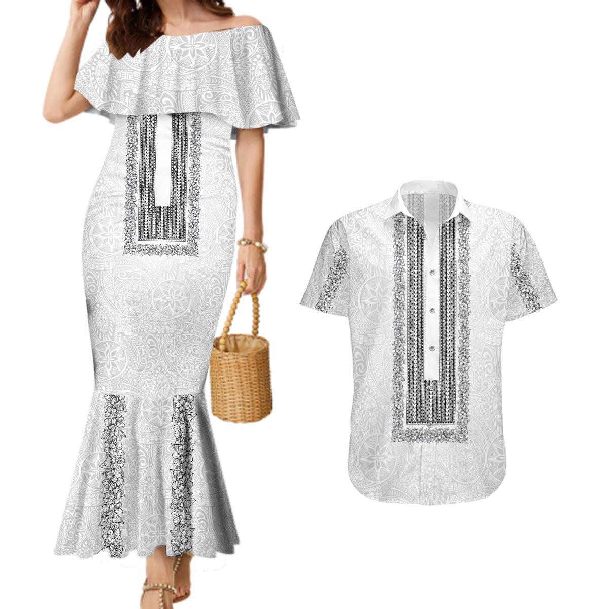 Philippines Polynesian Jasmine Pattern Couples Matching Mermaid Dress and Hawaiian Shirt With Barong Tagalog White Style LT03 White - Polynesian Pride