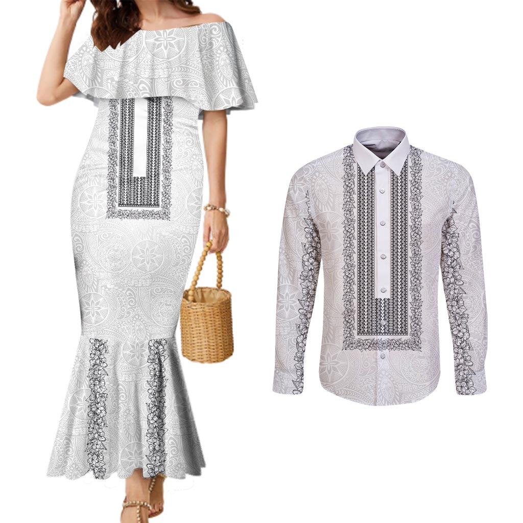 Philippines Polynesian Jasmine Pattern Couples Matching Mermaid Dress and Long Sleeve Button Shirt With Barong Tagalog White Style LT03 White - Polynesian Pride