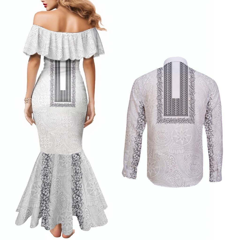 Philippines Polynesian Jasmine Pattern Couples Matching Mermaid Dress and Long Sleeve Button Shirt With Barong Tagalog White Style